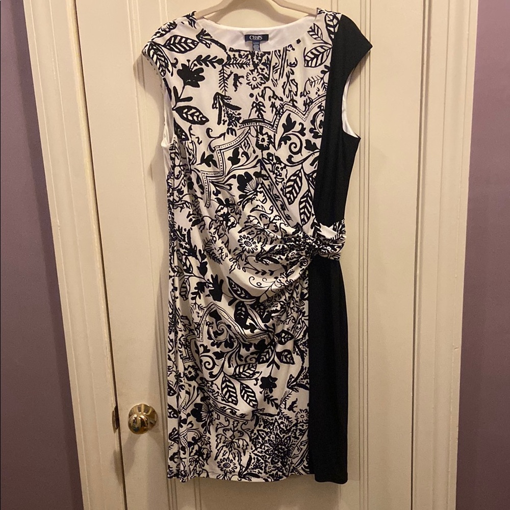 Chaps Black and White Asymmetrical Ruched Sheath Dress